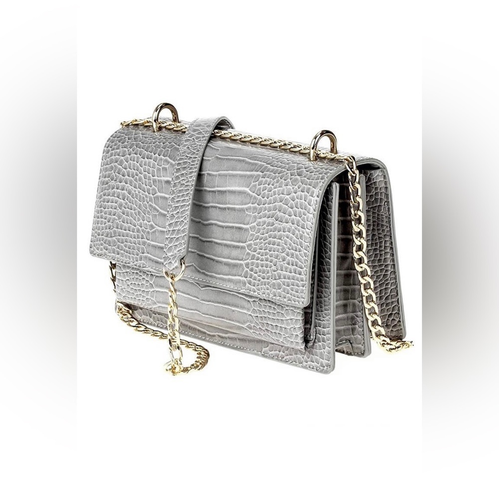 CROCODILE CONVERTIBLE SHOULDER AND CROSSBODY BAG IN GREY AND GOLD